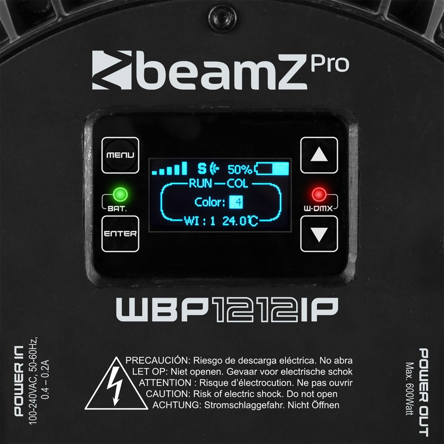 Close-up back view of the beamZ Pro WBP1212IP Aluminium IP65 Battery LED PAR with 6-in-1 LEDs.
