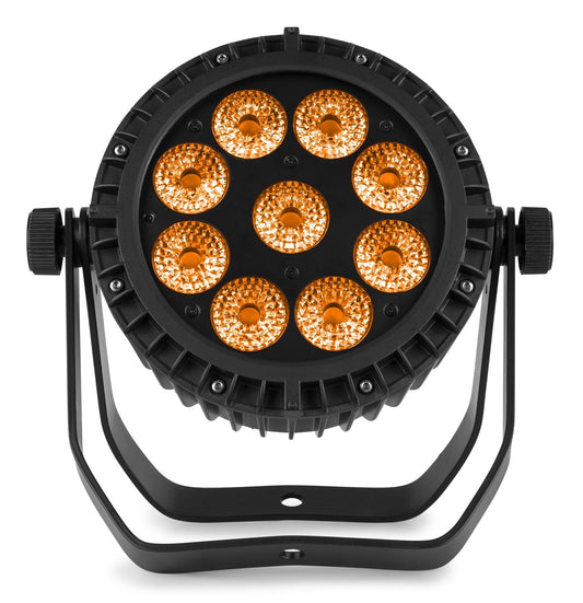 Front view of the beamZ Pro WBP912IP Aluminium IP65 Battery LED Par with 6-in-1 LEDs in Orange.