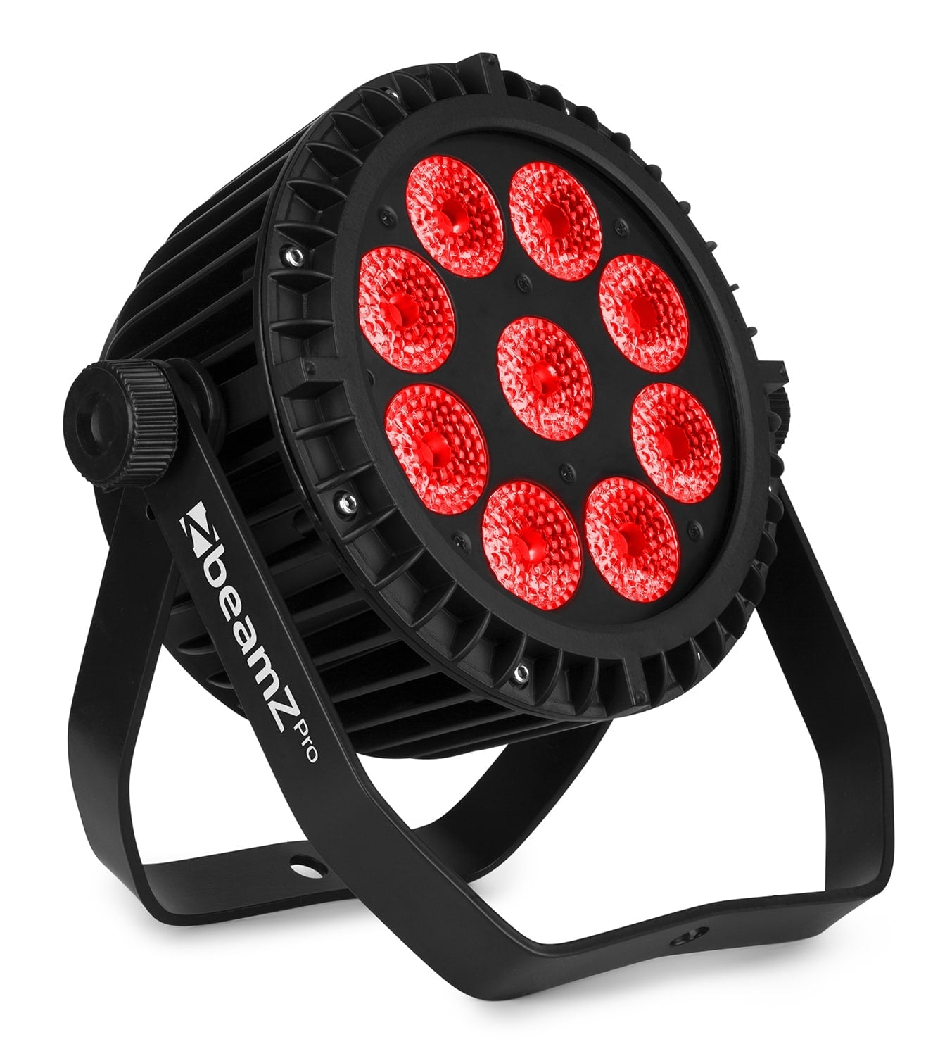 Front angled view of the beamZ Pro WBP912IP Aluminium IP65 Battery LED Par with 6-in-1 LEDs in Red 1.