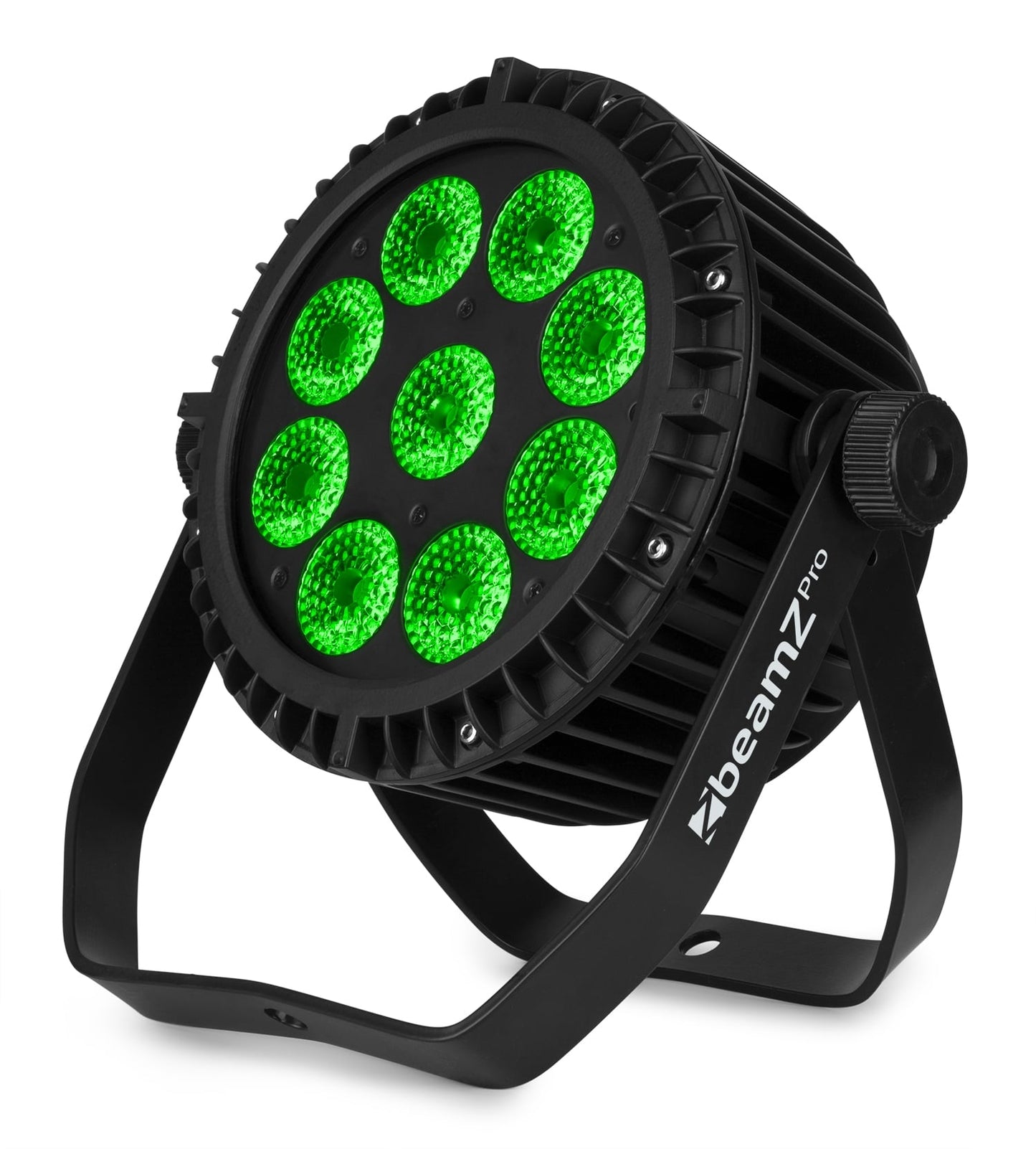 Front angled view of the beamZ Pro WBP912IP Aluminium IP65 Battery LED Par with 6-in-1 LEDs in Green 2.