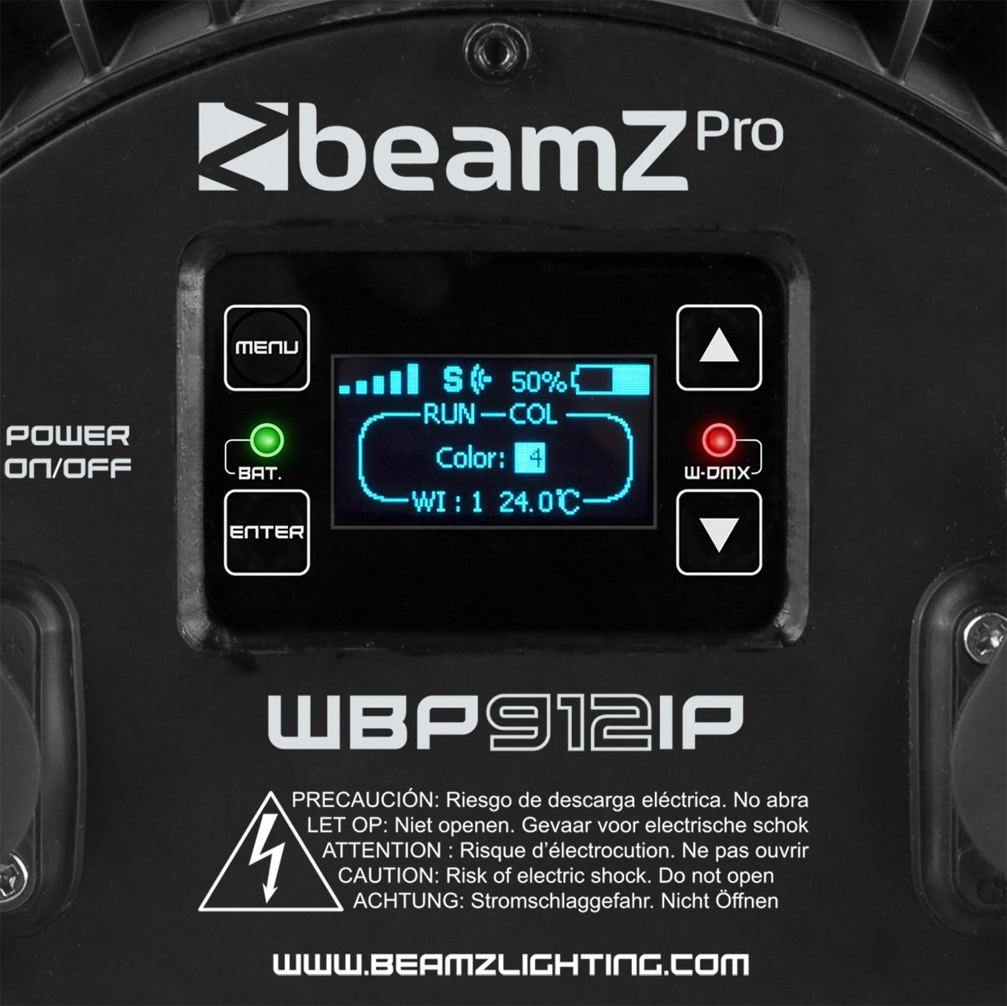 Close-up back view of the beamZ Pro WBP912IP Aluminium IP65 Battery LED Par with 6-in-1 LEDs.
