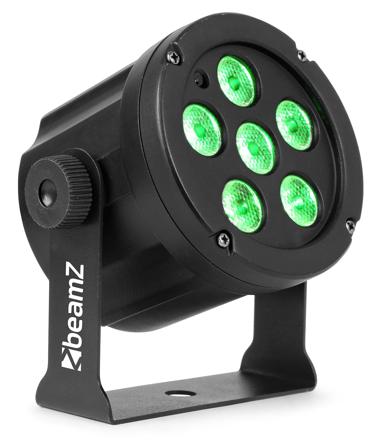 Angled view of the beamZ SlimPAR30 RGB 6x 3W 3-in-1 LEDs for Mobile DJ Lighting.