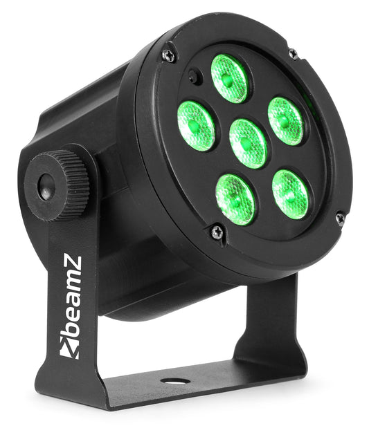 Angled view of the beamZ SlimPAR30 RGB 6x 3W 3-in-1 LEDs for Mobile DJ Lighting.