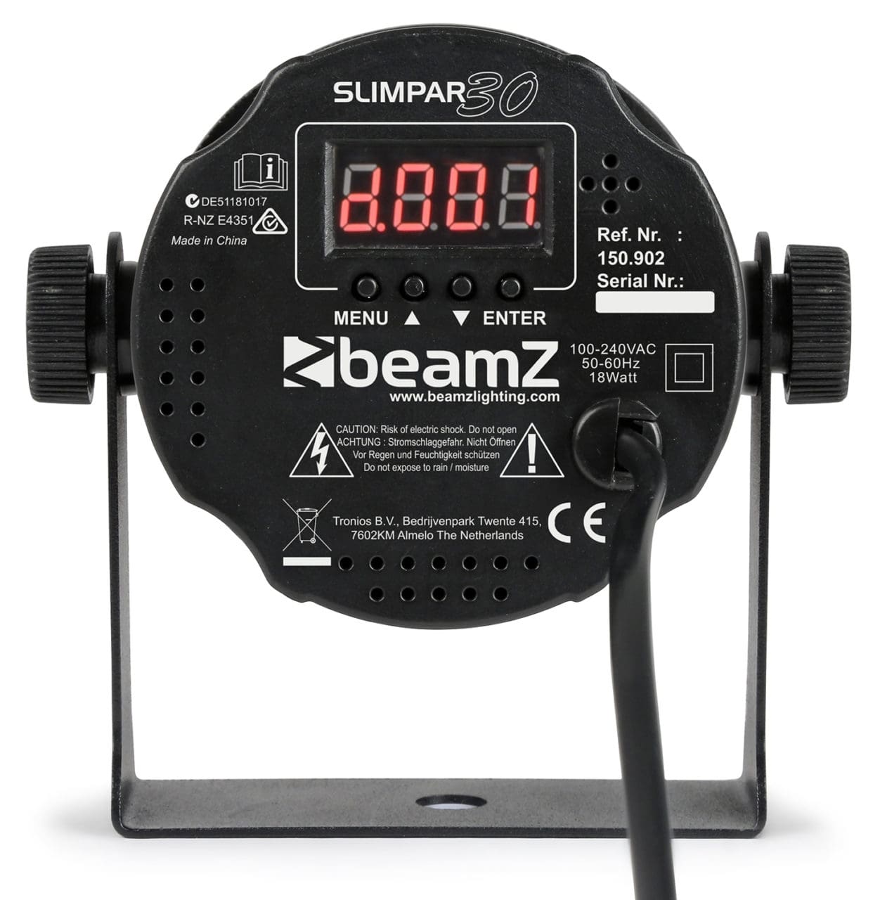 Back view of the beamZ SlimPAR30 RGB 6x 3W 3-in-1 LEDs for Mobile DJ Lighting.