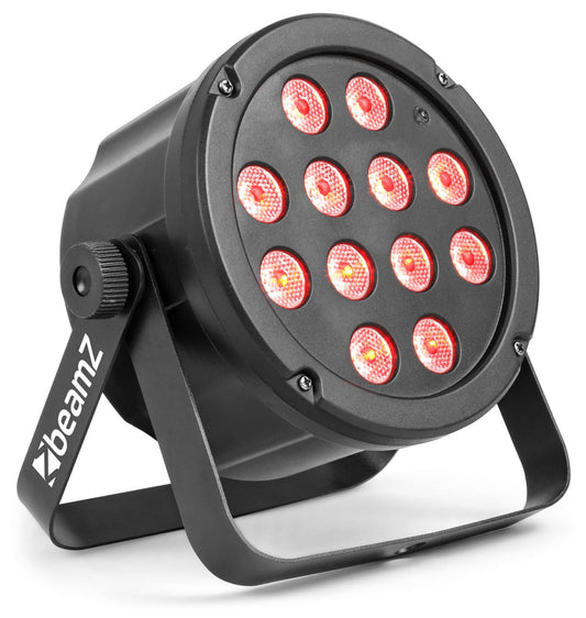 Angled view of the beamZ SlimPAR 35 12x 3W 3-in-1 RGB LEDs DMX for Mobile DJ Lighting.