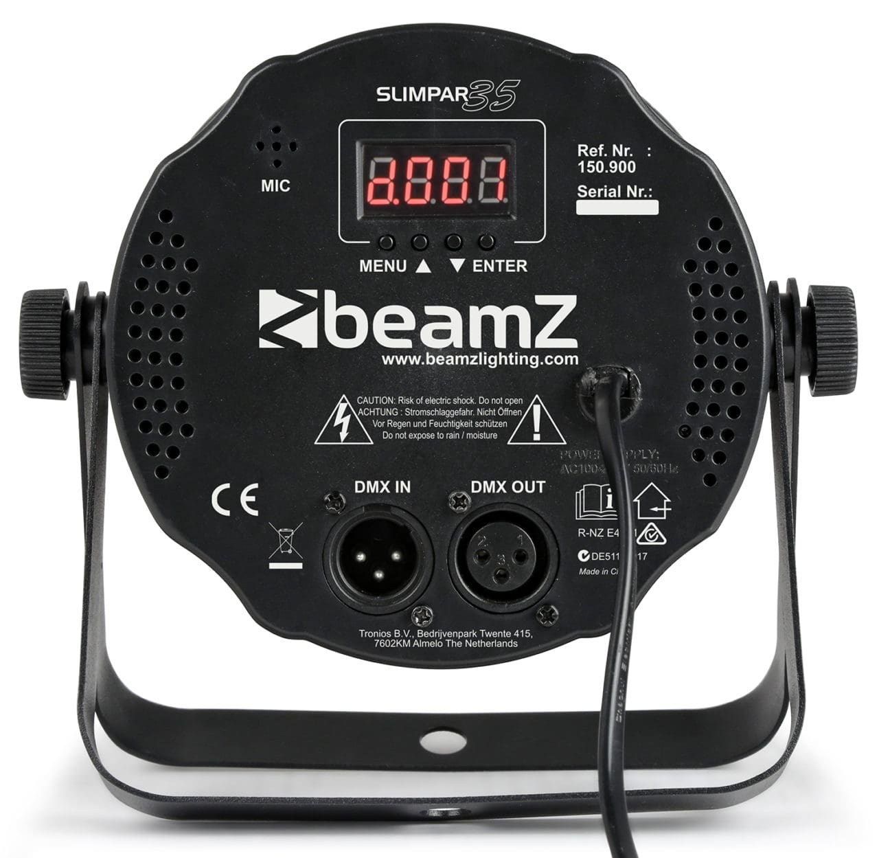Back view of the beamZ SlimPAR 35 12x 3W 3-in-1 RGB LEDs DMX for Mobile DJ Lighting.