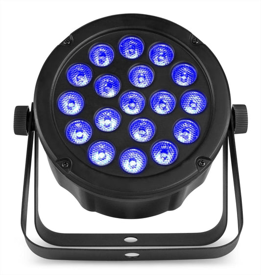 Front view of the beamZ SlimPAR45 18x 3W 3-in-1 RGB LEDs DMX.