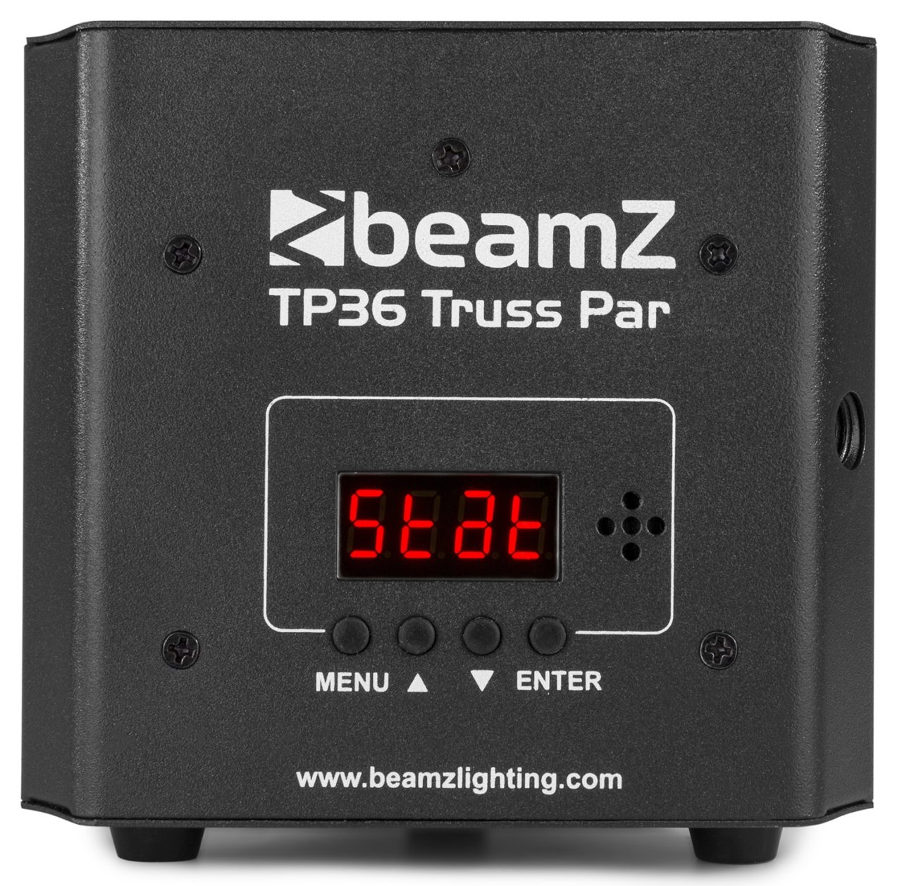 Front view of the beamZ TP36 Truss Par with 3x 4W 4-in-1 LEDs and RGB-UV color mixing.
