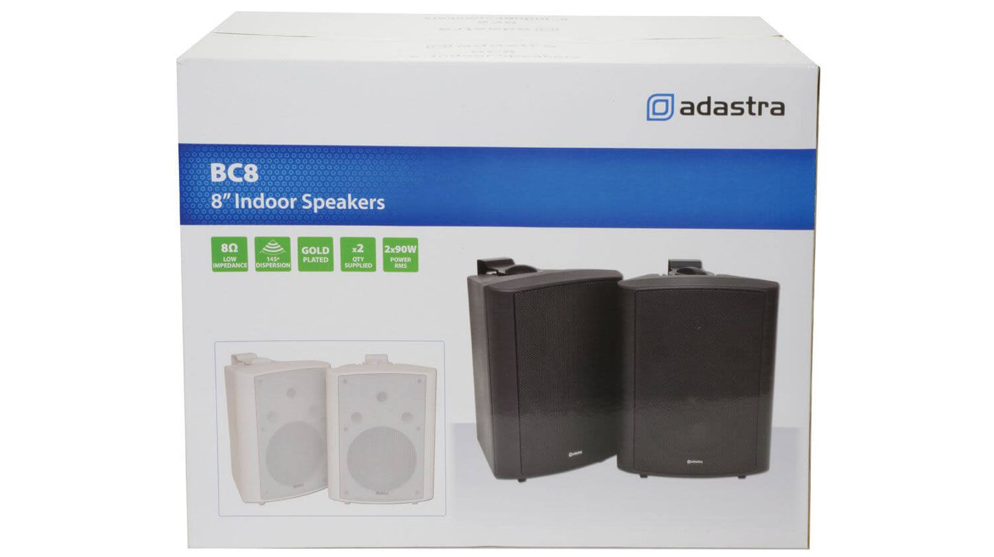 Adastra BC8B 8 Inch Black Background Speakers Pair designed for indoor use.