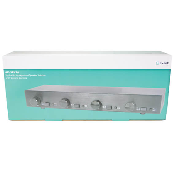 AVLINK AD-SPK24 4-Way Speaker Selector Switch with Volume Control for Two Zones, showcasing the device design and features.