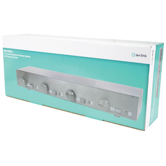 AVLINK AD-SPK24 4-Way Speaker Selector Switch with Volume Control for Two Zones, showcasing its design and functionality.