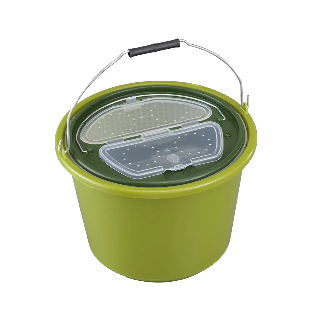 Olive green bait bucket kit designed for fishing, featuring a 12-litre capacity.