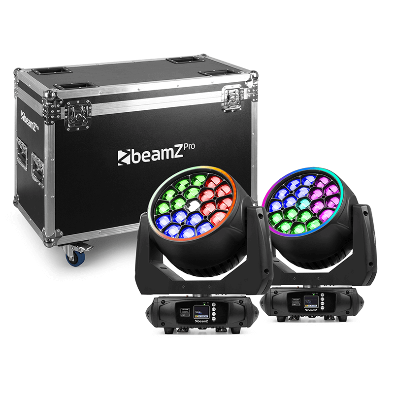 BEAMZPRO MHL1940 LED Moving Head Zoom lights, featuring 19x40W RGBW capabilities, displayed in a flight case.