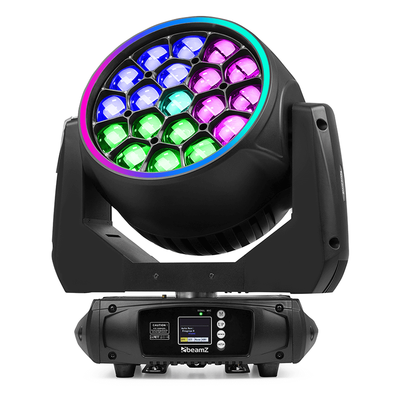 Image of BEAMZPRO MHL1940 LED Moving Head Zoom featuring 19x40W RGBW lights, displayed in a flightcase.