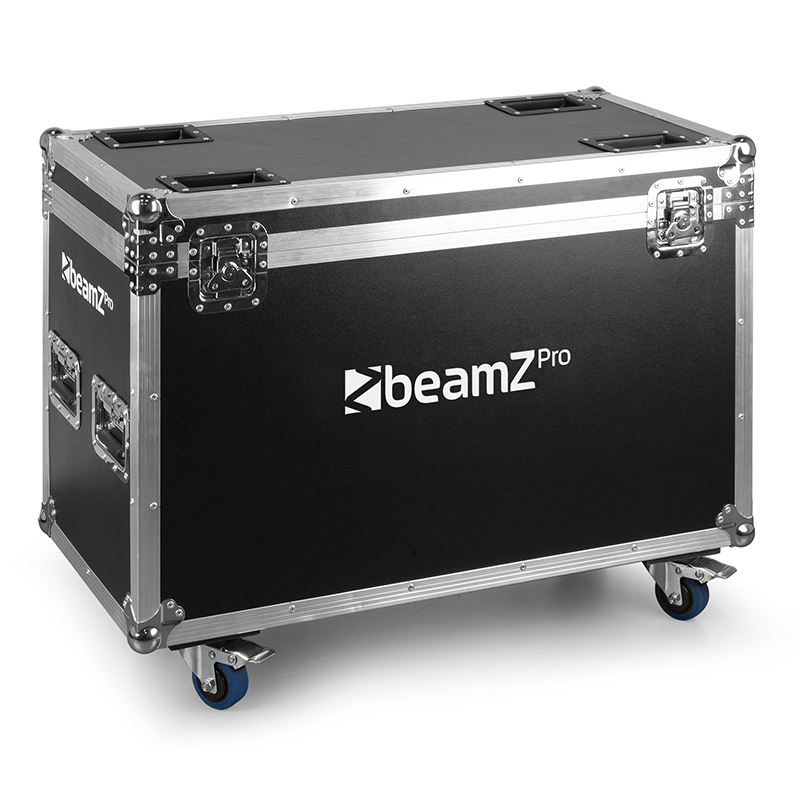 Image of two BEAMZPRO MHL1940 LED Moving Head Zoom lights with 19x40W RGBW features, stored in a flightcase.