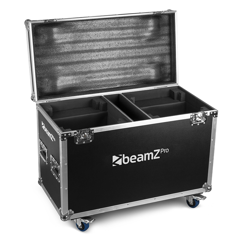 Image of two BEAMZPRO MHL1940 LED Moving Head Zoom lights with 19x40W RGBW capabilities, displayed in a flight case.