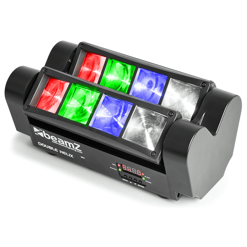 Image of the BEAMZ MHL820 Double Helix 8x 3W RGBW LED DMX lighting effect showcasing its colorful lighting design.