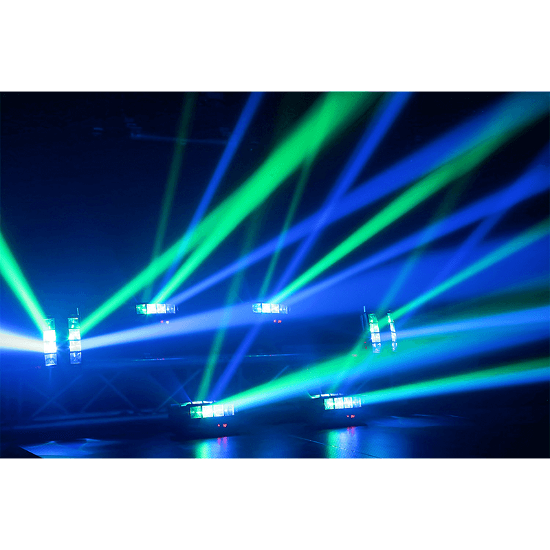 BEAMZ MHL820 Double Helix DMX lighting effect featuring 8x 3W RGBW LED lights, showcasing vibrant colors and dynamic lighting capabilities.