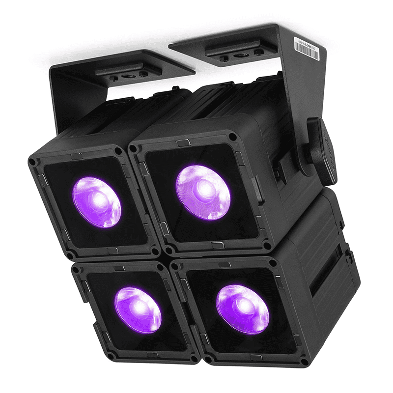 BEAMZ KUBE20BK Linkable Battery Uplight, a 20W RGBWA-UV LED light designed for outdoor events and parties.