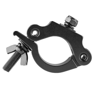 Beamz BC50B-200 Black Aluminum Half Coupler, suitable for 48-51mm diameter pipes and supports up to 200kg load. The image shows a black aluminum coupler against a plain background.