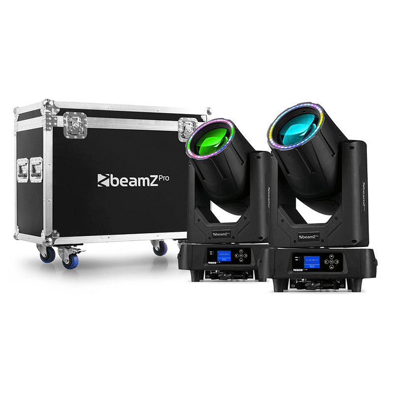 BEAMZPRO NEREID380B LED Moving Head Beam with IP65 rating, featuring a powerful 1x 380W lamp, displayed in a flightcase. Ideal for professional lighting setups.