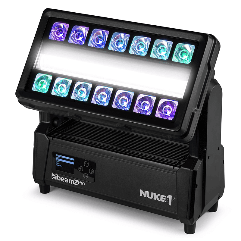 BEAMZ NUKE1 Motorized Strobe and Beam Light featuring 96x10W strobe and 14x40W RGBW LEDs, designed for outdoor use with IP65 waterproof rating.