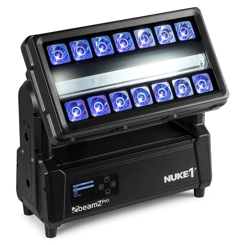 BEAMZ NUKE1 Motorized Strobe/Beam Light featuring 96x10W Strobe and 14x40W RGBW LEDs, designed for outdoor use with IP65 waterproof rating.