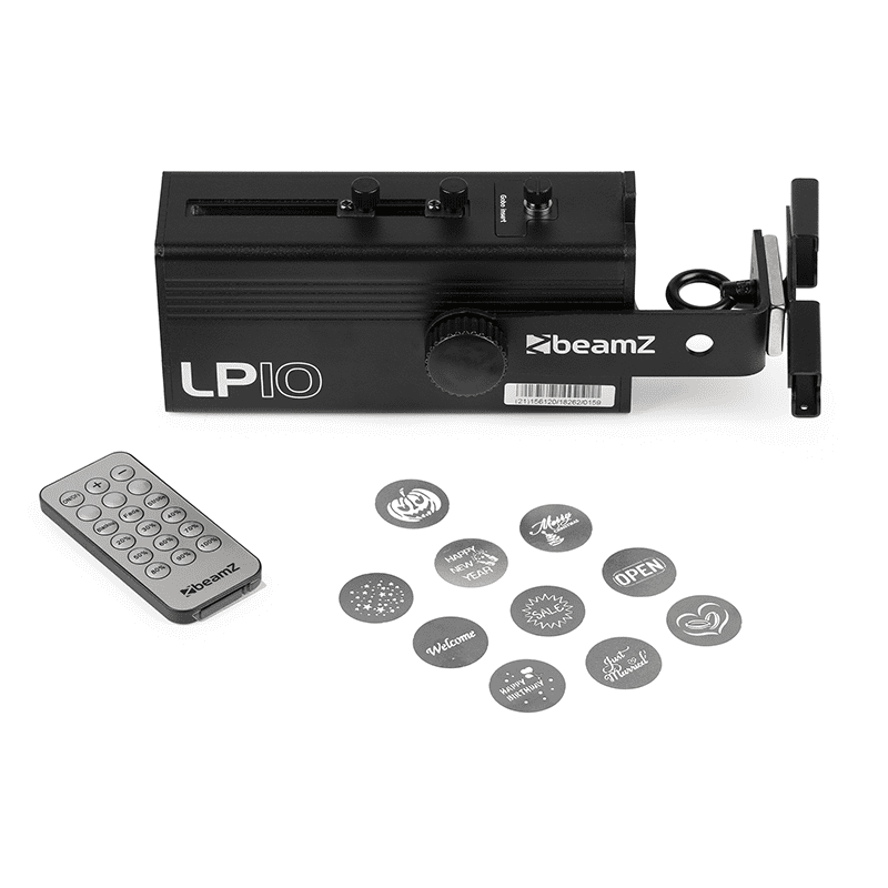 BEAMZ LP10 LED Logo/Gobo Projector, a 10W battery-powered device with remote control, showcasing its design and features.