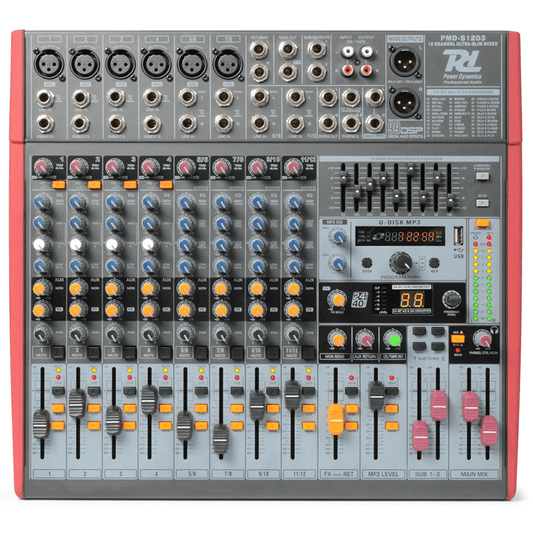 Power Dynamics PDM-S1203 12-Channel Stage Mixer featuring DSP and MP3 Playback capabilities.