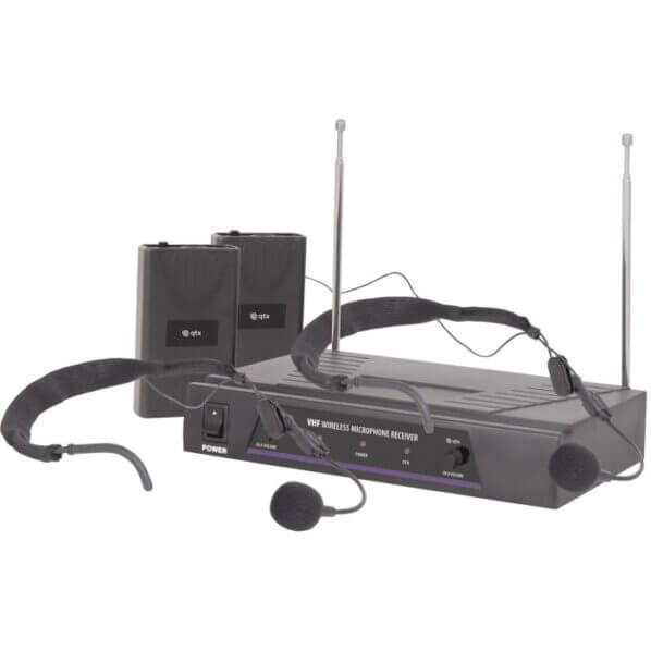 QTX VN2 Dual Neckband VHF Microphone System featuring wireless headset microphones, operating at frequencies 173.8MHz and 174.8MHz.
