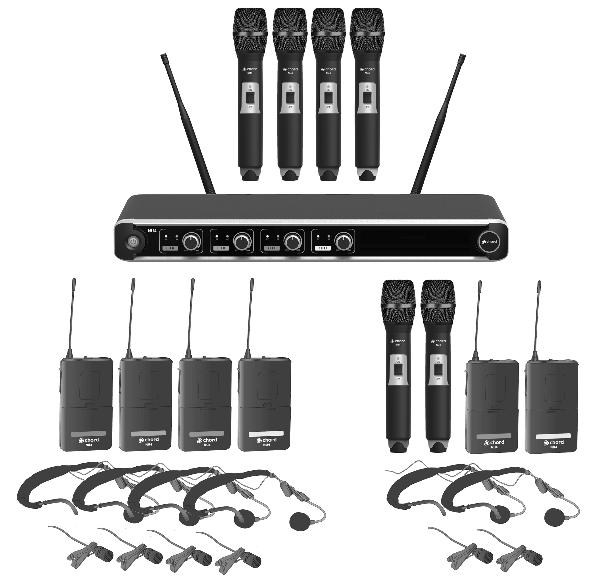 Image of the CHORD NU4-H Quad Handheld UHF Wireless Microphone System featuring a 4 channel receiver and handheld transmitters.