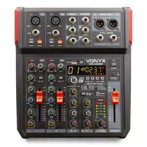 VONYX VM-KG06 6-Channel Music Mixer with Bluetooth, USB, MP3, and DSP Recording, showcasing its compact design and features.