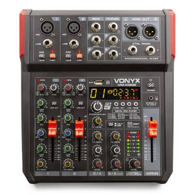 VONYX VM-KG06 6-Channel Music Mixer featuring Bluetooth connectivity, USB input, MP3 playback, and DSP recording capabilities.