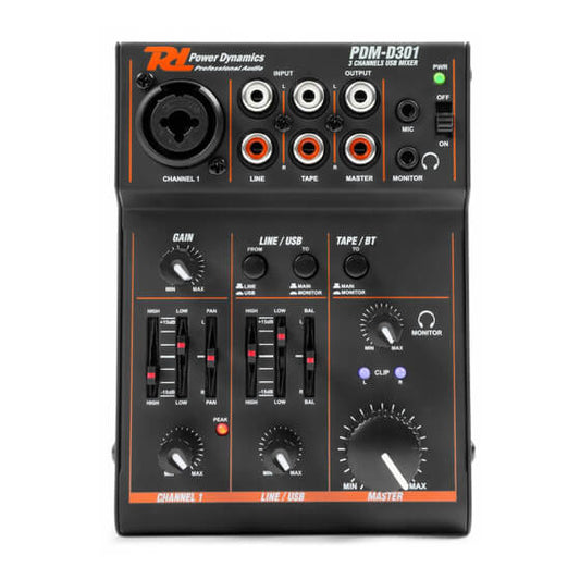 Power Dynamics PDM-D301 3 Channel USB Mixer with Phantom Power, showcasing its sleek design and multiple input channels.