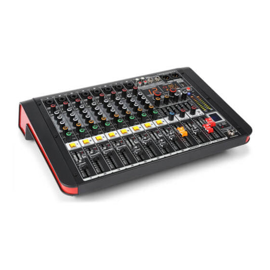Power Dynamics PDM-M604A powered music mixer showcasing a 6-channel design with features like DSP, Bluetooth connectivity, USB input, MP3 playback, and recording capabilities.
