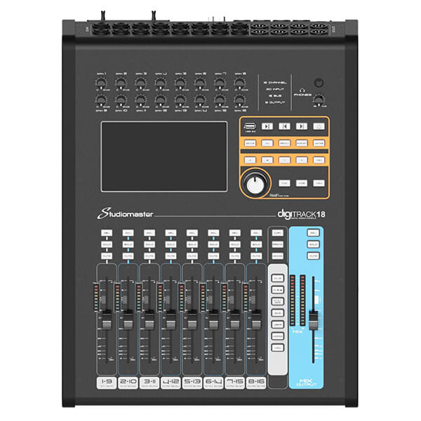 STUDIOMASTER DIGITRACK18 digital console featuring 18 channels and touchscreen control.