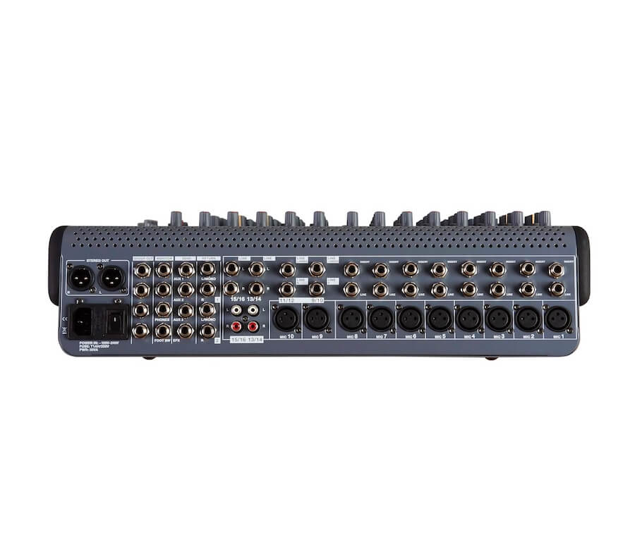 Rear view of the STUDIOMASTER C6XS-16, a 16 channel compact mixer featuring USB connectivity and DSP effects.
