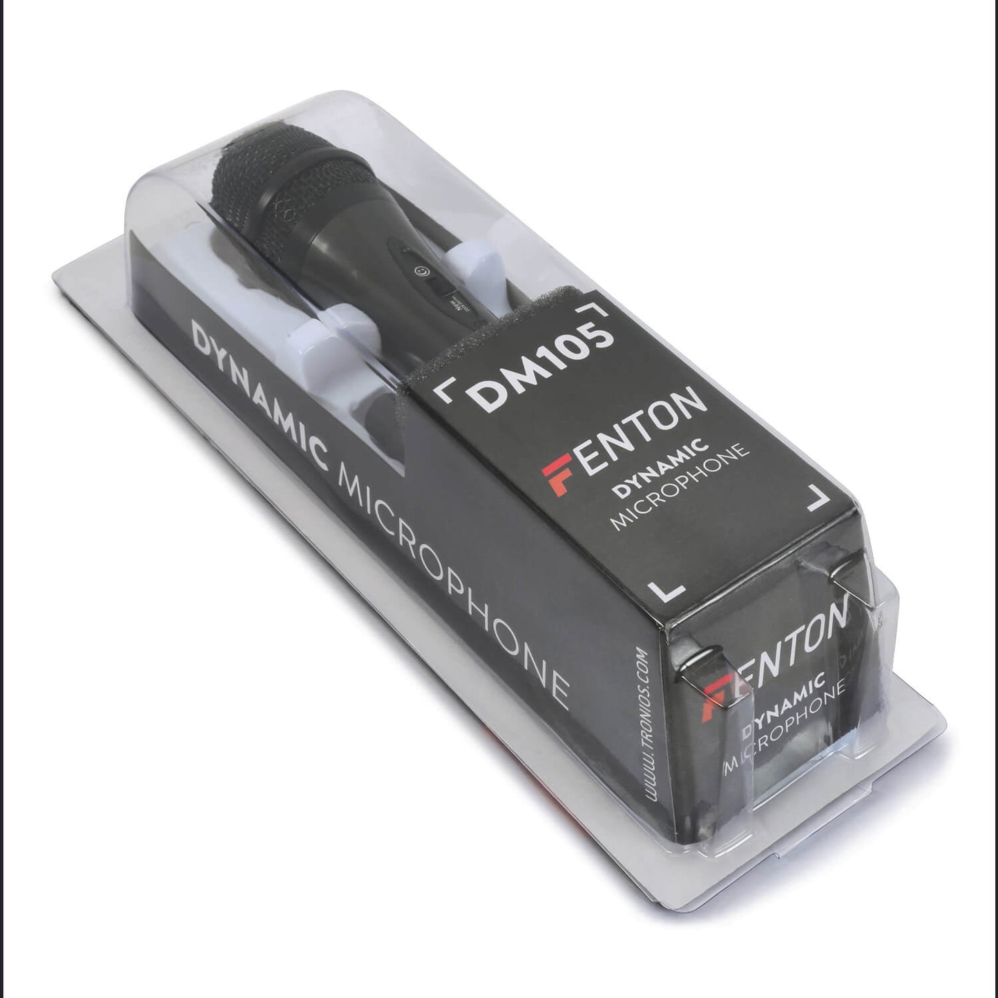 FENTON DM105 Dynamic Microphone featuring an XLR connection and a soft rubber grip, ideal for various audio applications.