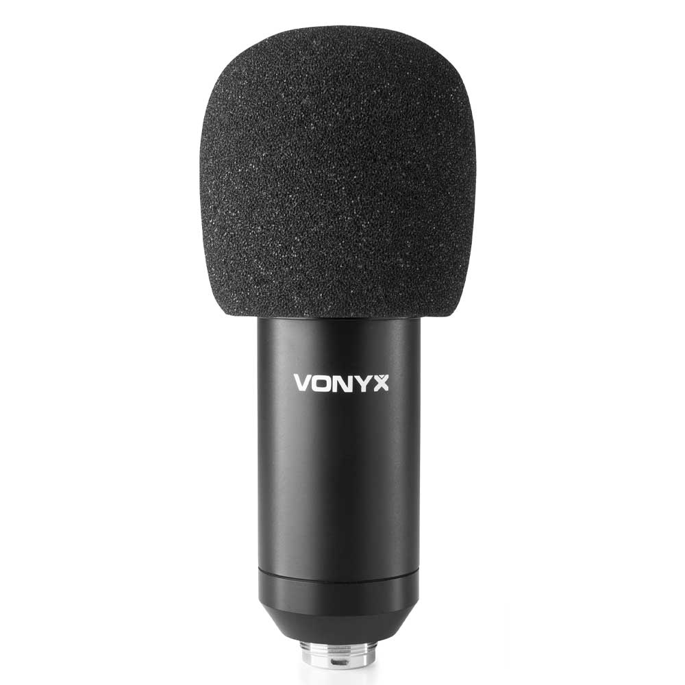 VONYX CM300B Studio USB Microphone Set - Professional black condenser microphone suitable for gaming, streaming, and podcasting.