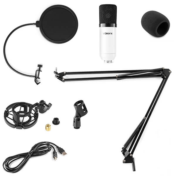 VONYX CMS300W Studio Set featuring a white USB condenser microphone with a stand and pop filter.