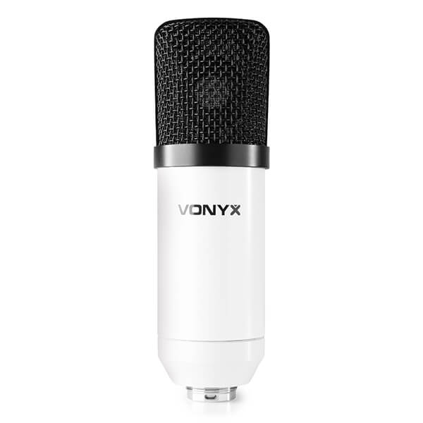 VONYX CMS300W Studio Set featuring a white USB condenser microphone with a stand and pop filter.