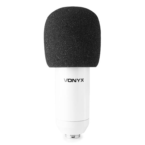 VONYX CMS300W Studio Set featuring a white USB condenser microphone with a stand and pop filter.