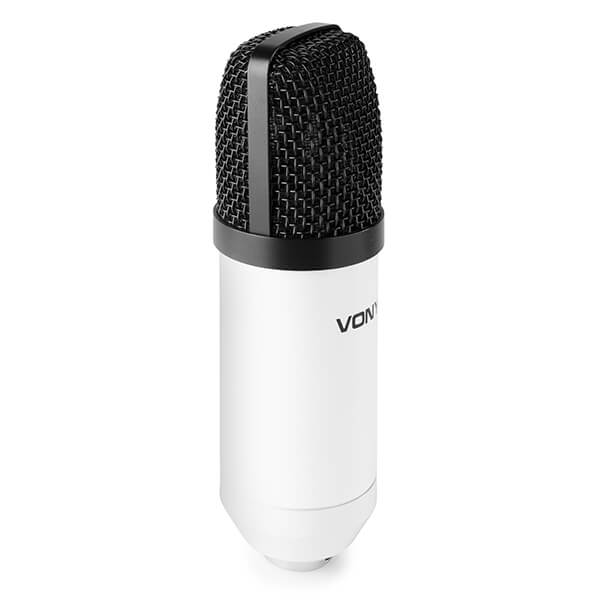 VONYX CMS300W Studio Set featuring a white USB condenser microphone with a stand and pop filter.
