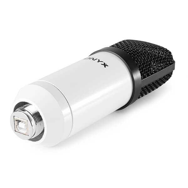 VONYX CMS300W Studio Set featuring a white USB condenser microphone, stand, and pop filter.