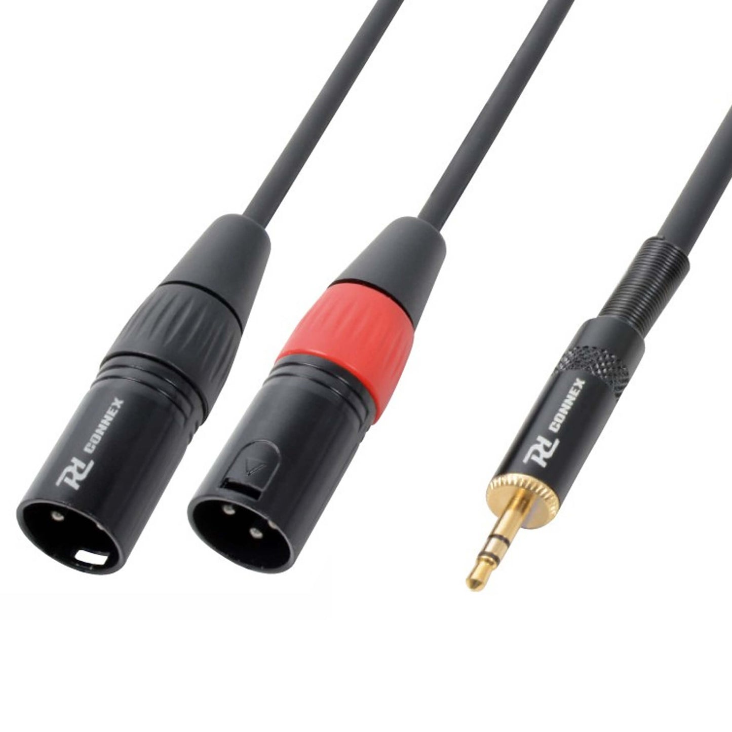 Power Dynamics CX70-6 6M signal lead featuring 2X XLR male connectors and a 3.5mm stereo plug.