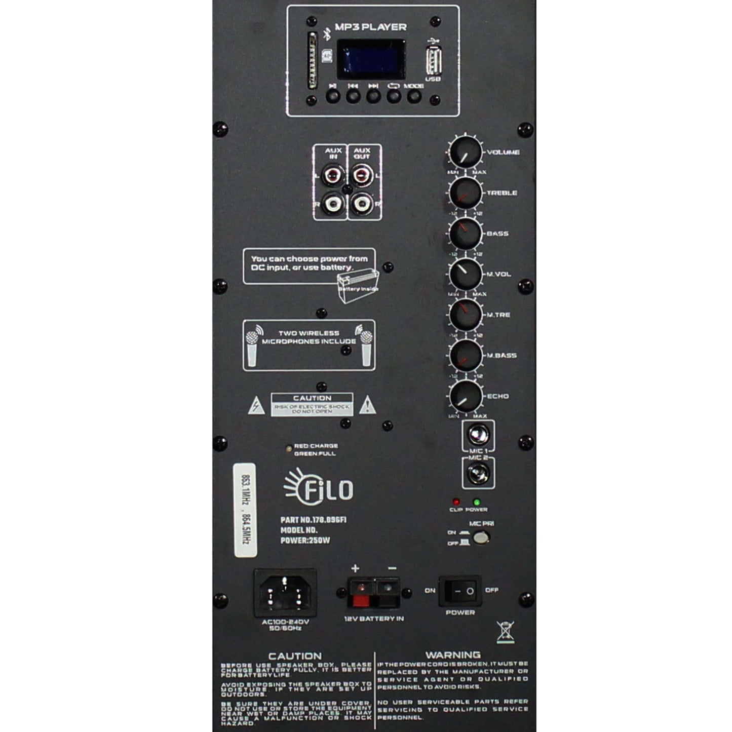 Filo FCA15PA Portable PA System featuring a 15-inch speaker, two UHF microphones, and connectivity options including MP3, USB, SD, FM, and Bluetooth.