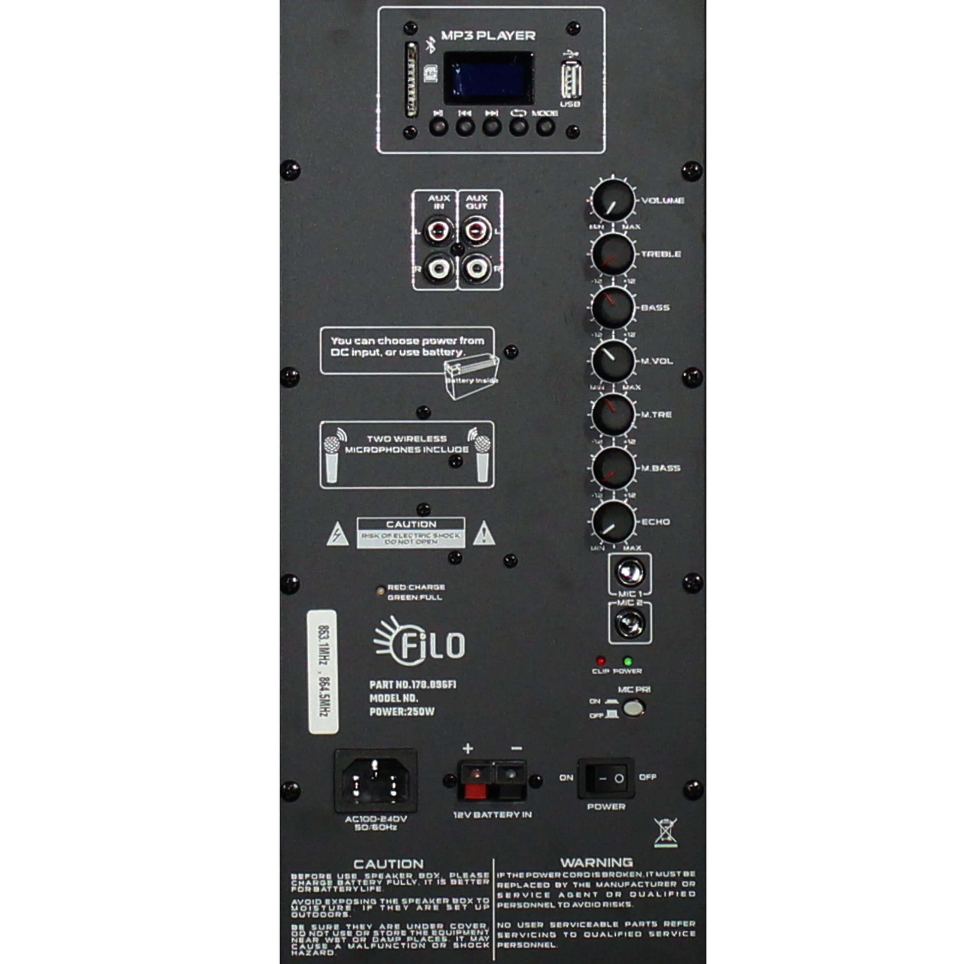 Filo FCA15PA Portable PA System featuring a 15-inch speaker, two UHF microphones, and connectivity options including MP3, USB, SD, FM, and Bluetooth.