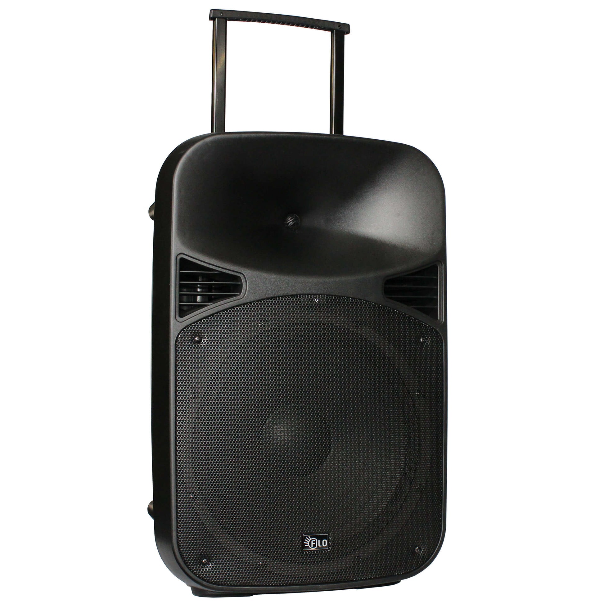 Filo FCA15PA Portable PA System featuring a 15-inch speaker, two UHF microphones, and connectivity options including MP3, USB, SD, FM, and Bluetooth.