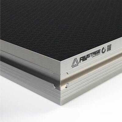 ALUSTAGE SCA 03 1x1m Hexa Stage Platform, modular and waterproof, showcasing its design and features.