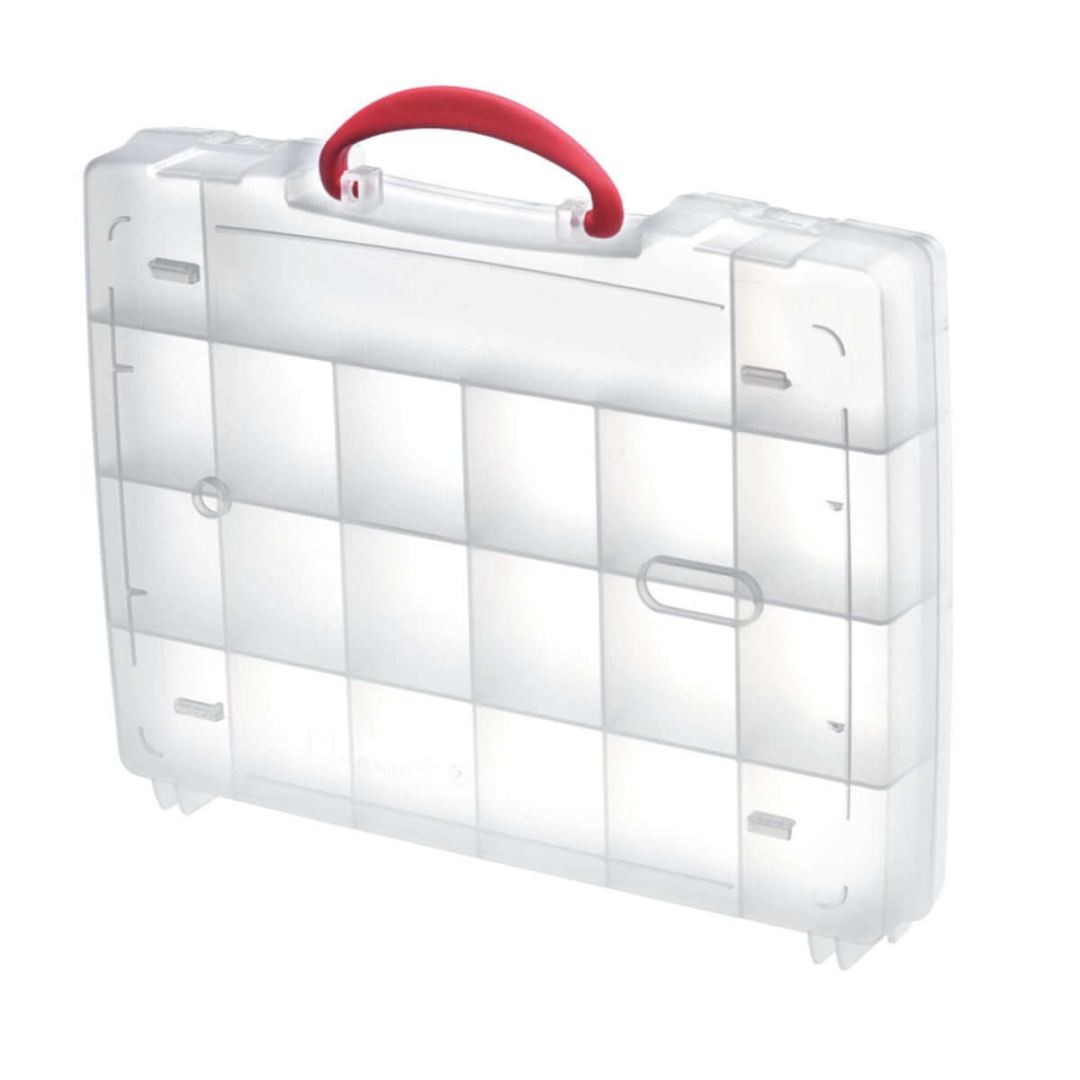 Transparent polypropylene organiser box featuring 21 compartments for efficient storage and organization.